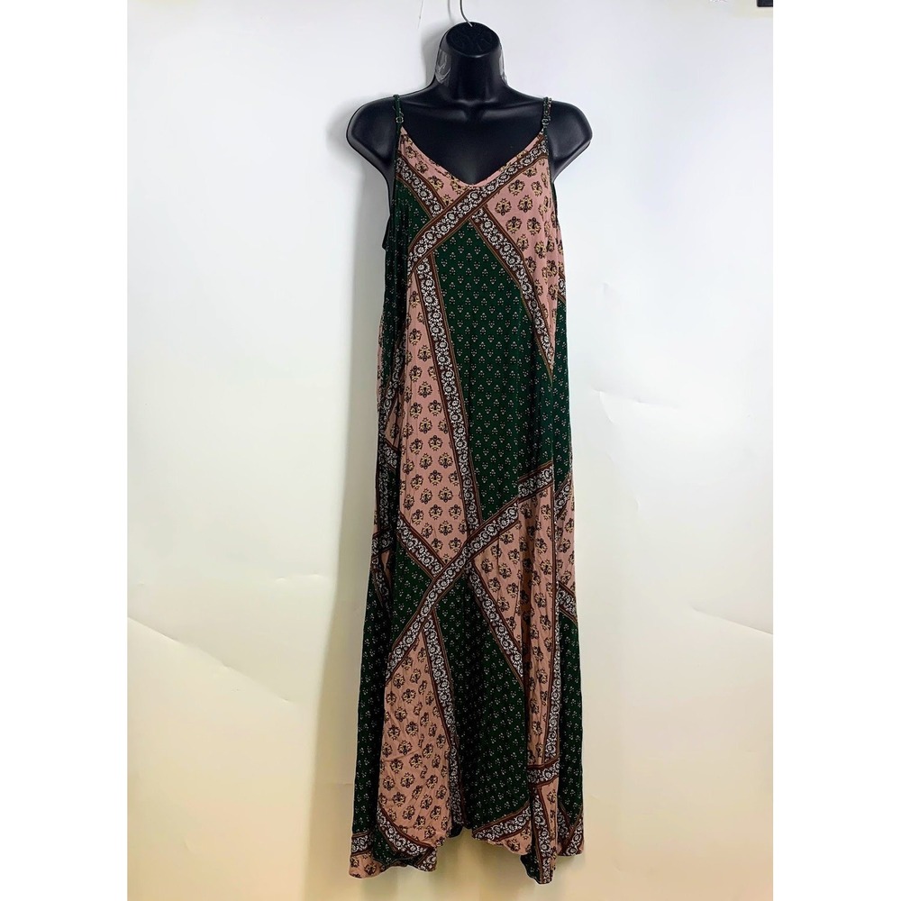 Natural Life Boho Patchwork Print V-Neck Maxi Dress Adjustable Straps Size S‎
